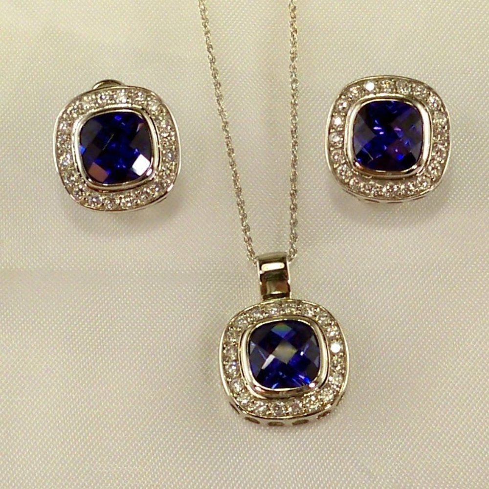 NEW Charles Winston Royal Blue Doublet Cubic Zirconias Silver Necklace, Earrings